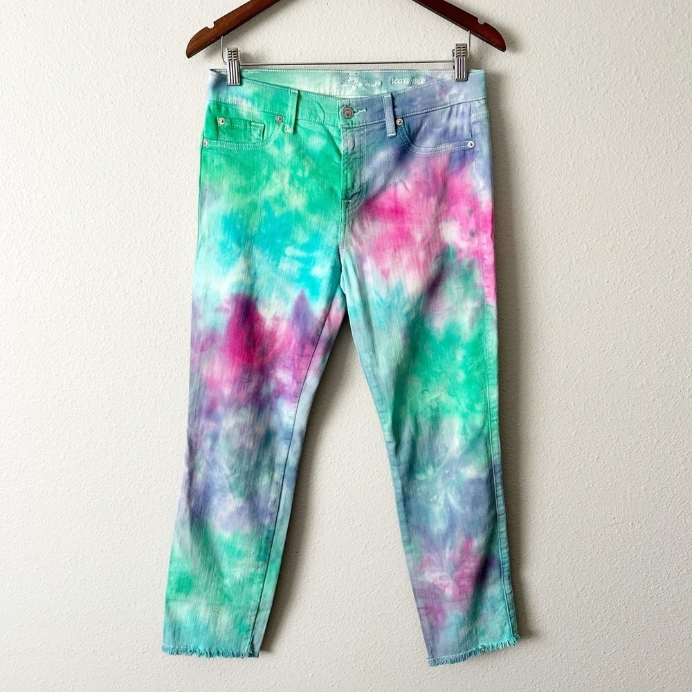 7 For All Mankind Roxanne Tie Dye Slim Ankle Jeans Green Pink Festival Size 28